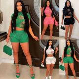 Fashion knitted Hollow Short Sleeve Shorts Two Piece Set GWDS-230336