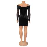 Sexy Tight Mesh Long Sleeve Patchwork Mini Dress GOSD-6836