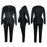 Solid Ruffled Zipper Top Long Pants Two Piece Suits TE-3873