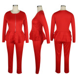 Solid Ruffled Zipper Top Long Pants Two Piece Suits TE-3873