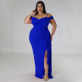 Plus Size Ruffle Sling Sexy High Split Maxi Dress NNWF-7792
