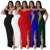 Plus Size Ruffle Sling Sexy High Split Maxi Dress NNWF-7792