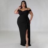 Plus Size Ruffle Sling Sexy High Split Maxi Dress NNWF-7792