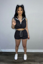 Casual Sleeveless Hooded Top Shorts Two Piece Set YD-8683