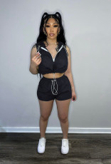 Casual Sleeveless Hooded Top Shorts Two Piece Set YD-8683