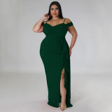 Plus Size Ruffle Sling Sexy High Split Maxi Dress NNWF-7792