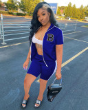 Letter B Zip Short Sleeve Shorts 2 Piece Set XYF-9280
