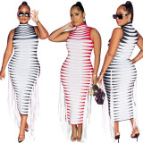 Half-high Neck Rib Printed Ribbon Sleeveless Dress NIK-324