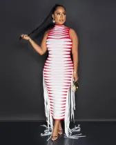 Half-high Neck Rib Printed Ribbon Sleeveless Dress NIK-324