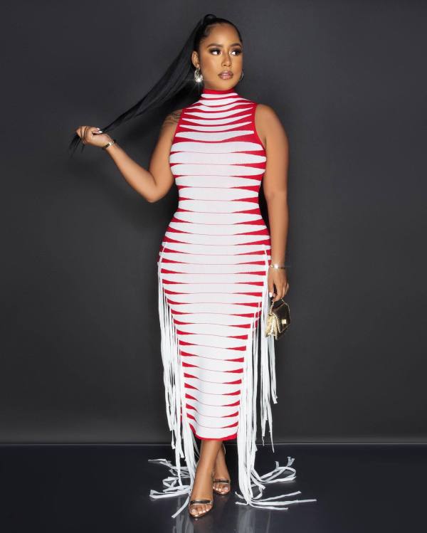 Half-high Neck Rib Printed Ribbon Sleeveless Dress NIK-324