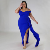 Plus Size Ruffle Sling Sexy High Split Maxi Dress NNWF-7792
