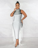 Half-high Neck Rib Printed Ribbon Sleeveless Dress NIK-324