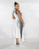 Half-high Neck Rib Printed Ribbon Sleeveless Dress NIK-324