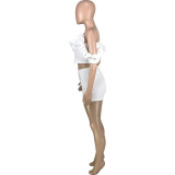 Casual Solid Color Tube Top Shorts Slim Two Piece Set MEI-9299