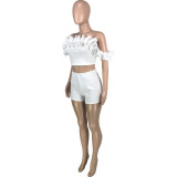 Casual Solid Color Tube Top Shorts Slim Two Piece Set MEI-9299