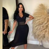 Plus Size Sexy Slim Fit Lapel Sweater Midi Dress NY-090