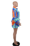 Fashion Printed Long Sleeve Shirt Shorts Two Piece Set XHXF-8663