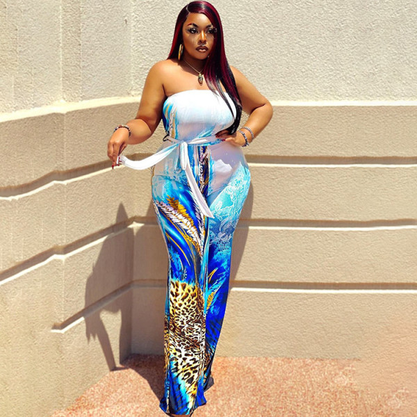 Plus Size Fashion Sexy Chest Wrap Printed Jumpsuit WPF-8839