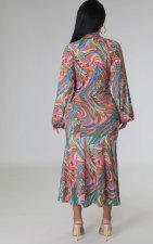 Fashion Printed Long Sleeve Split Skirts Two Piece Set XHXF-8661