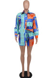 Fashion Printed Long Sleeve Shirt Shorts Two Piece Set XHXF-8663