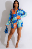 Fashion Printed Long Sleeve Shirt Shorts Two Piece Set XHXF-8663