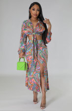 Fashion Printed Long Sleeve Split Skirts Two Piece Set XHXF-8661