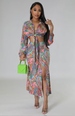 Fashion Printed Long Sleeve Split Skirts Two Piece Set XHXF-8661