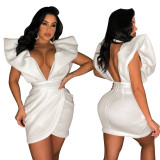 Sexy Deep V Backless Solid Mini Dress YF-10415