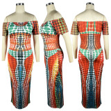 Printed Short Sleeve Long Dress TE-4593