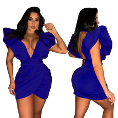 Sexy Deep V Backless Solid Mini Dress YF-10415