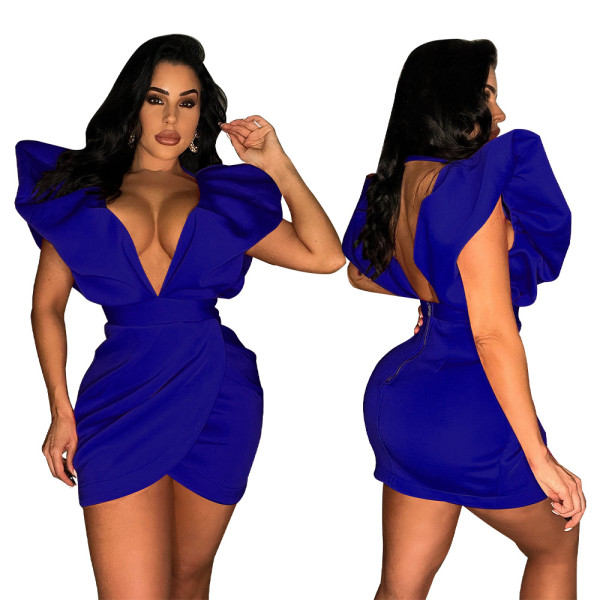 Sexy Deep V Backless Solid Mini Dress YF-10415