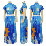 Print Short Sleeve Long Skirt Two Piece Set YF-10386