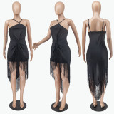 Sexy Solid Halter Tassel Dress WPF-80898