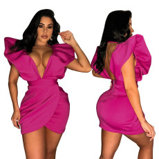 Sexy Deep V Backless Solid Mini Dress YF-10415