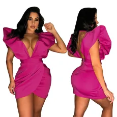 Sexy Deep V Backless Solid Mini Dress YF-10415