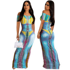 Printed Short Sleeve Long Dress TE-4593