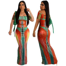 Printed Short Sleeve Long Dress TE-4593