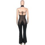 Plus Size Fashion Sexy Mesh Splice Halter Jumpsuits MEI-9298