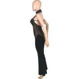 Plus Size Fashion Sexy Mesh Splice Halter Jumpsuits MEI-9298