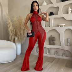 Sexy Mesh Splice Halter Jumpsuits FNN-8700