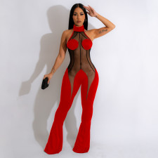 Plus Size Fashion Sexy Mesh Splice Halter Jumpsuits MEI-9298