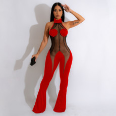 Plus Size Fashion Sexy Mesh Splice Halter Jumpsuits MEI-9298