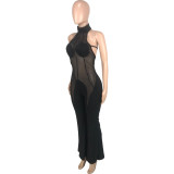 Plus Size Fashion Sexy Mesh Splice Halter Jumpsuits MEI-9298
