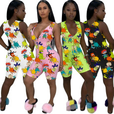Casual Sports Zipper Sleeveless Cartoon Print Rompers WY-86670