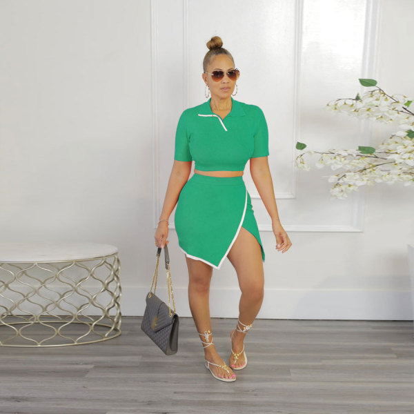 Sexy Slim Lapel Short Sleeve Side Slit Skirt Two Piece Set FSXF-F387