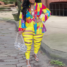 Plus Size Lapel Coat Hollow Out Pants Two Piece Set NY-2686