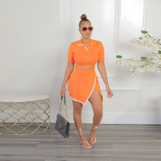 Sexy Slim Lapel Short Sleeve Side Slit Skirt Two Piece Set FSXF-F387