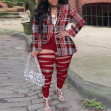 Plus Size Lapel Coat Hollow Out Pants Two Piece Set NY-2686
