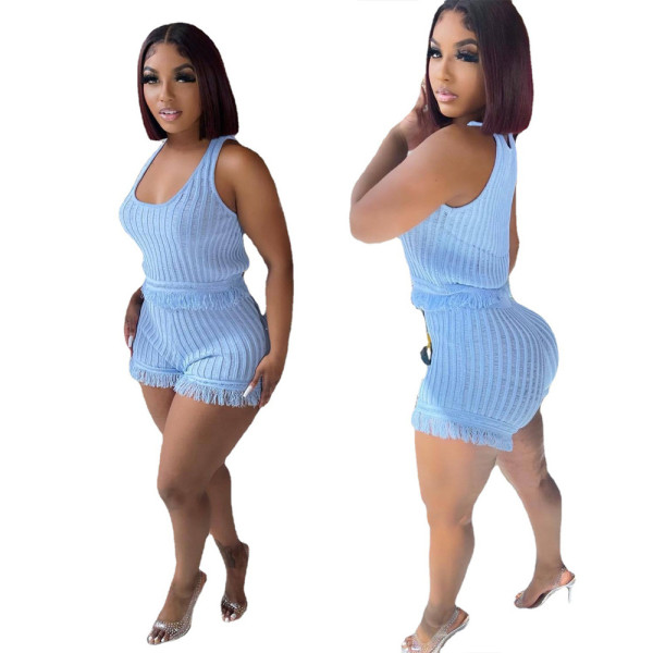 Solid Color Tassel Vest Shorts Two Piece Set BN-9406