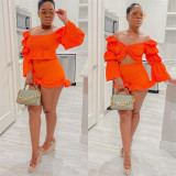 Solid Fashion Long Sleeve Shorts Two Piece Set BN-9404